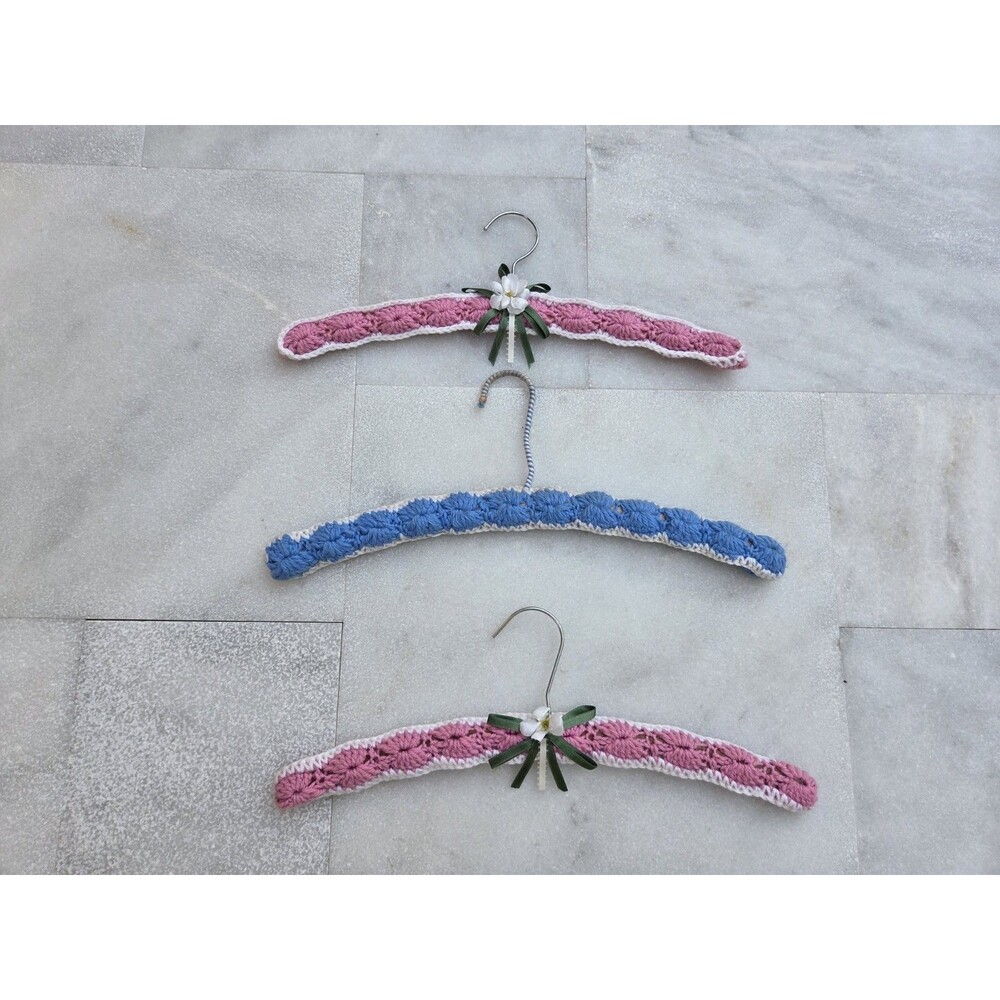 Vintage Handmade Granny Crocheted Wooden Hangers Pink and Blue Lot of 3